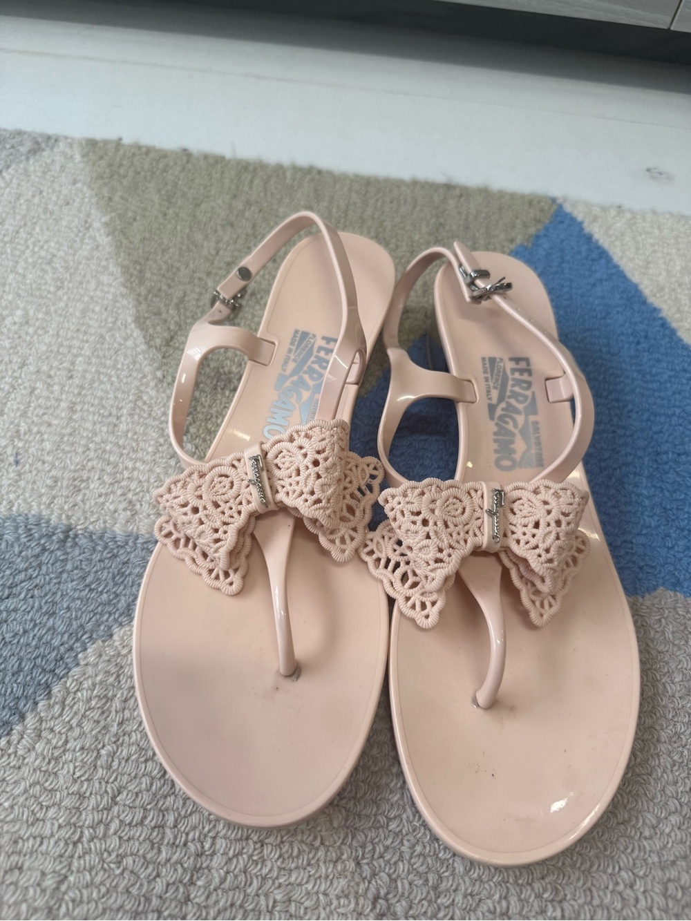 Salvatore Ferragamo Blush Crochet Bow Jelly Thong Sandals with Block Heel